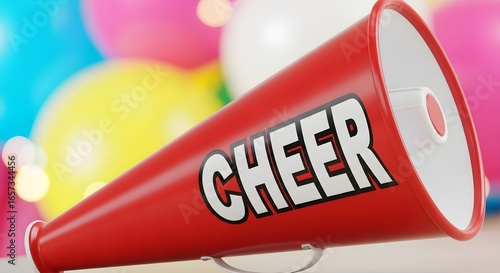 Red megaphone with the word CHEER in white letters, set against a backdrop of colorful balloons and bokeh lights, celebrating fun and excitement.