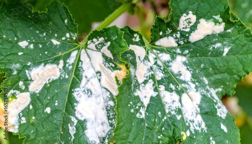 Close-up of a green leaf with powdery mildew disease, showing white and pinkish fungal growth.