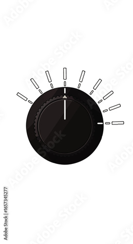 Black circular control knob with white indicator and radiating marks