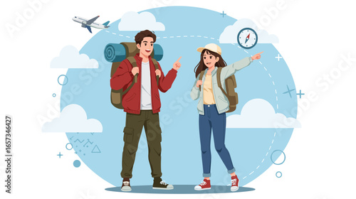 A young couple is seen in a lighthearted, adventurous mood. They are both backpacking, wearing comfortable clothes suitable for travel.