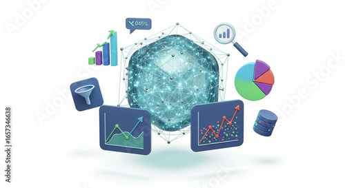 3D Data Analysis and Business Intelligence Concept with Charts and Graphs on Isolated transparent background