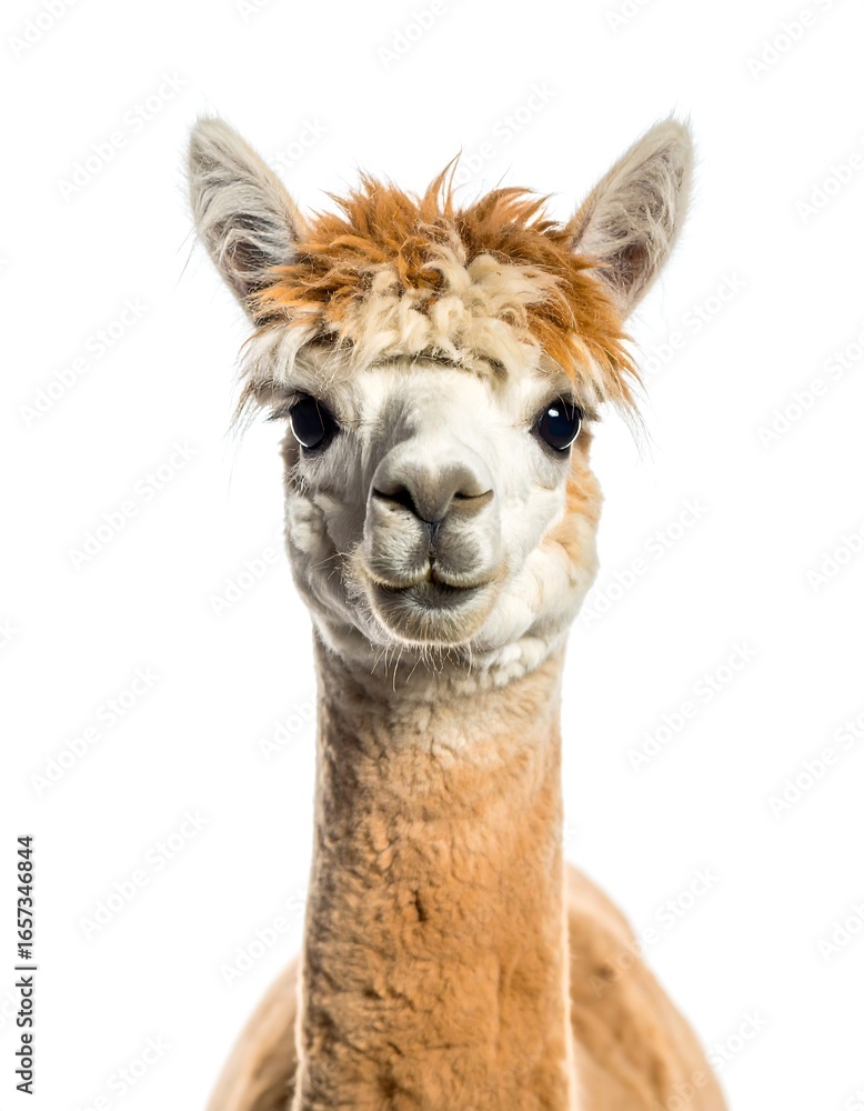 Obraz premium Close-up portrait of an alpaca against a white background