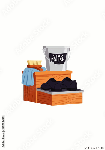 Wooden Shoe Shining Stand with Black Shoes, Brush, Cloth, and Star Polish Bucket