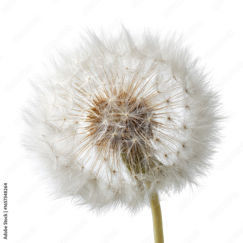 Fototapeta premium Fluffy white dandelion seed head against a black background, close-up