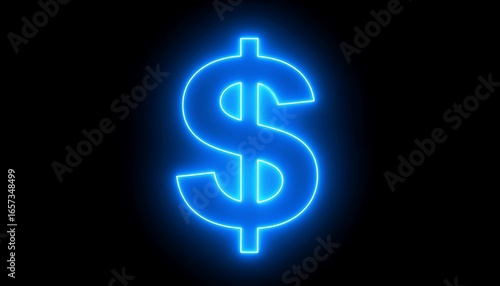 Glowing blue neon dollar sign on black background