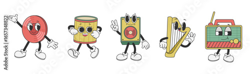 Retro Music Cartoon Characters Vinyl Drum Speaker Harp Radio