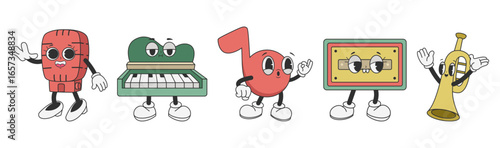 Retro Music Cartoon Characters with Instruments