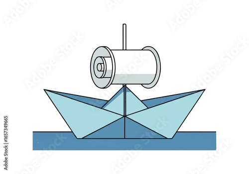 Blue paper boat carrying a spool of thread on water