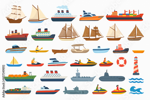 Maritime and Nautical Vessels 3D Isometric Vector Icons Set Ships Sailboats Yachts Cargo Tankers Ferries Submarines Harbor Dock Lighthouse White Background