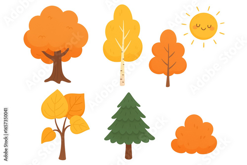 Autumn Tree Vector Set Cute Illustrations of Oak Birch Aspen Linden Fir with Sun for Seasonal and Nature Designs