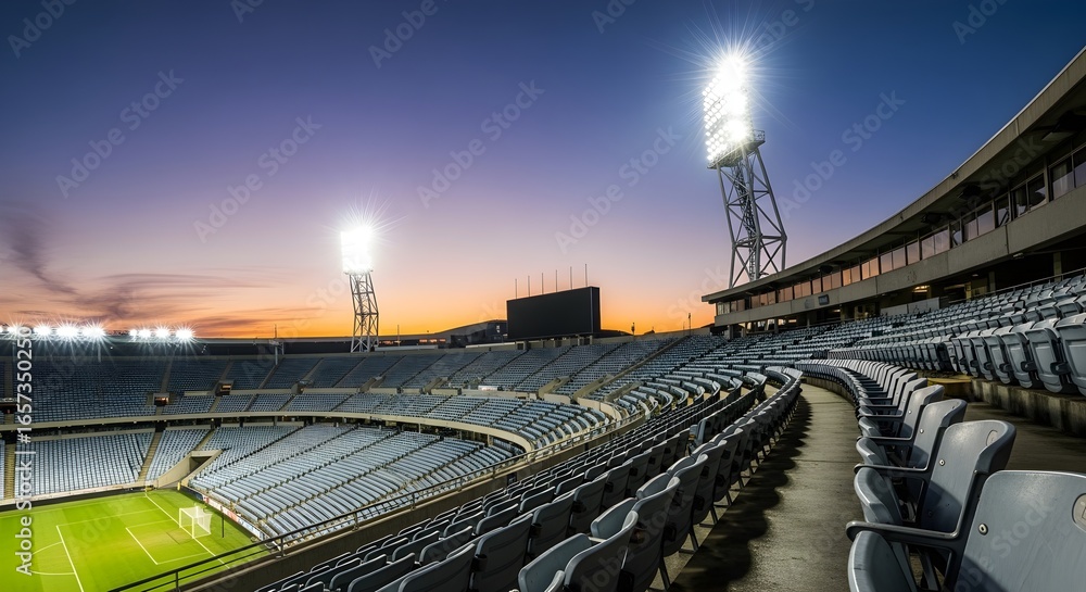 Fototapeta premium Panoramic view of an empty soccer stadium with rows of blue seats and a vibrant green field, illuminated by stadium lights during a sunset, creating a powerful atmosphere for sports and events.