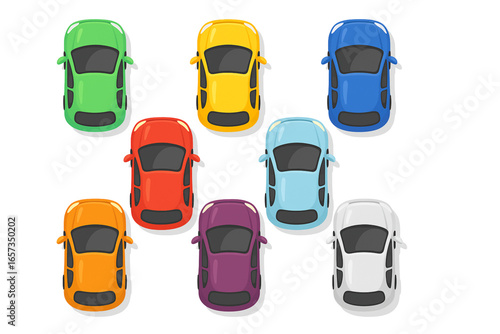 Top View Car Set Cute Beautiful Cartoon Vehicles Birds Eye Urban Transport Flat Vector Illustration with Shadows White Background