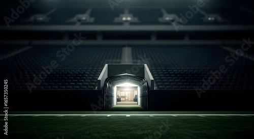 Dramatic view of a football stadium tunnel, illuminated by bright lights, leads onto the field, creating anticipation and the promise of a game.