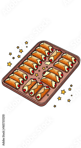 Delicious Italian Cannoli Pastries Filled with Cream and Cherry on a Tray