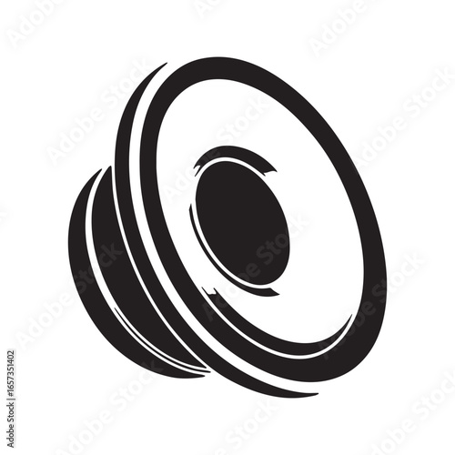 Dynamic audio speaker icon. Stylized music sound system symbol in 3D perspective. Black silhouette vector illustration for logo, bass, or volume concept.

