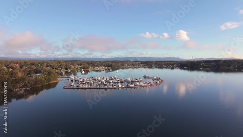 Wallpaper Mural Aerial panoramic establishing of Trinity Point waterfront and marina with boats docked, calm reflective ocean waters Torontodigital.ca