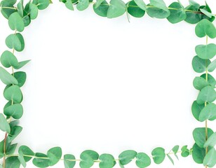 Eucalyptus leaves form a rectangular frame on a white background