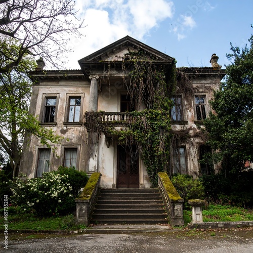 Old mansion overgrown with vines