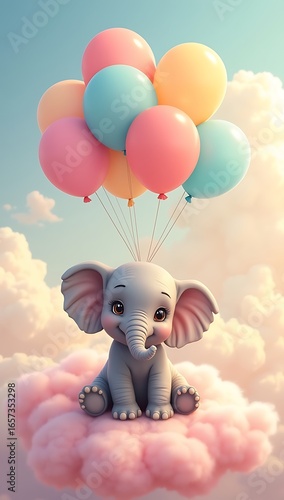 A gentle baby elephant holding a bouquet of pastel balloons, sitting on a fluffy pink cloud with a dreamy sky background.