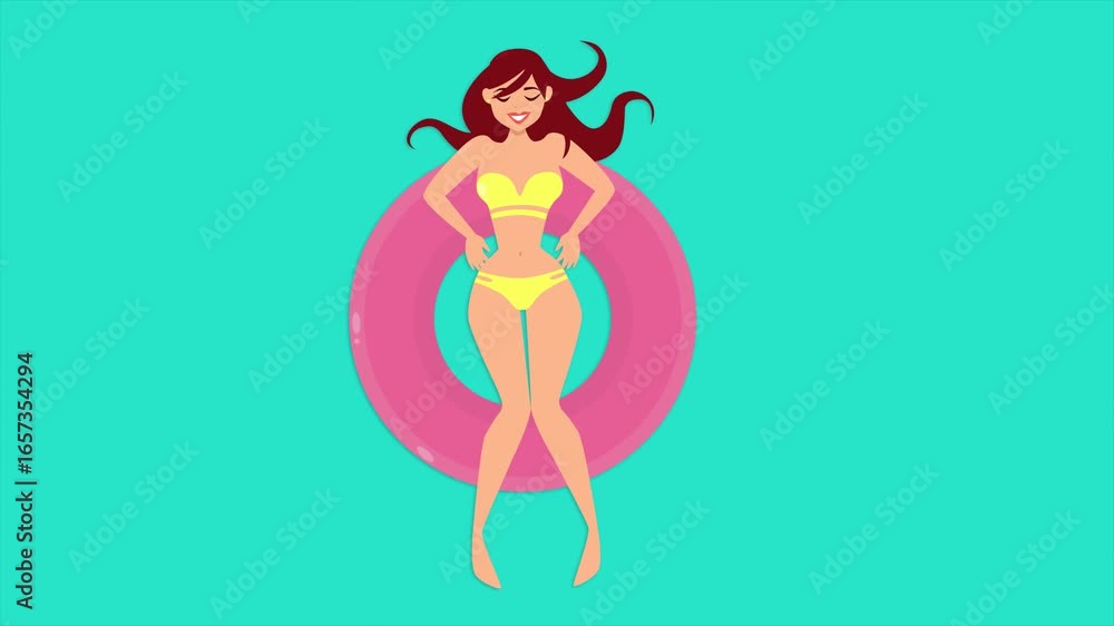 Woman on a rubber ring in swimming pool. Minimal modern seamless motion design. Animation 2D Woman on a rubber ring in swimming pool. Minimal modern seamless motion design. Animation 2D