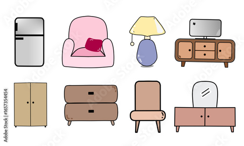 A charming collection of colorful cartoon icons featuring home furniture and household appliance illustrations for interior design