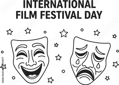 Illustration of happy and sad masks for international film festival day, a celebration of cinema, art, and storytelling