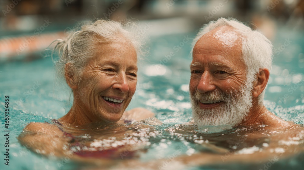 Fototapeta premium A happy senior couple swimming laps together in a heated community pool. The scene is inspiring and shows an active, lifelong lifestyle.