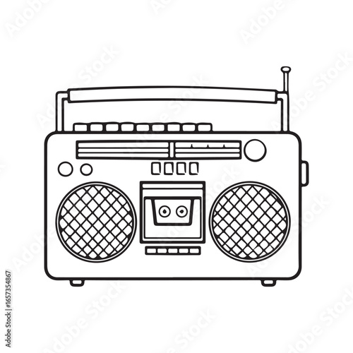 Retro boombox line art illustration. Vintage portable radio and cassette player sketch for coloring book. Old school ghetto blaster icon.
