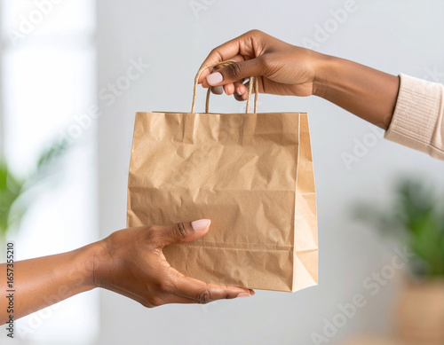 A close-up of two Black women's hands carefully exchanging a brown paper takeout bag in a brightly lit interior.