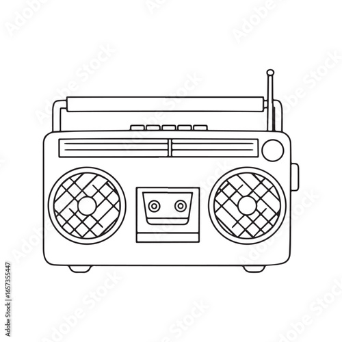 Retro boombox line art illustration. Vintage portable radio and cassette player sketch for coloring book. Old school ghetto blaster icon.
