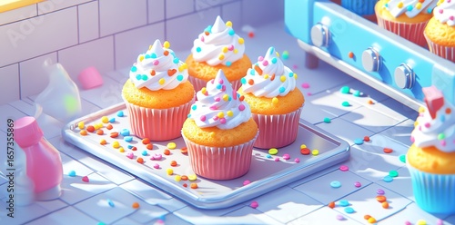 Colorful Cupcakes with Sprinkles on White Kitchen Counter in Bright Studio Setting