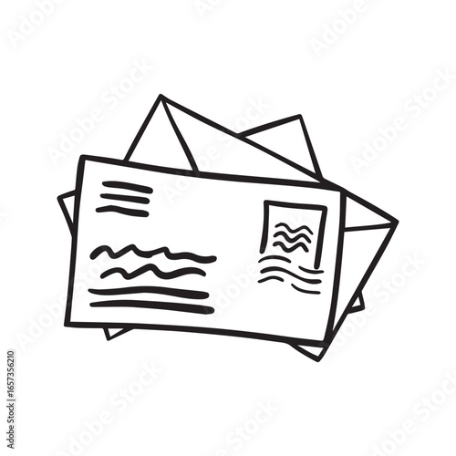 Stack of letters line art illustration. Mail envelopes with stamp and postmark sketch. Hand drawn correspondence or postcard vector icon.
