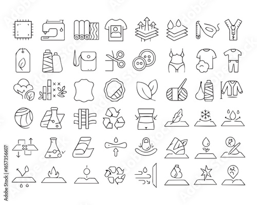 Set of line icons related to textile industry, fabric feather