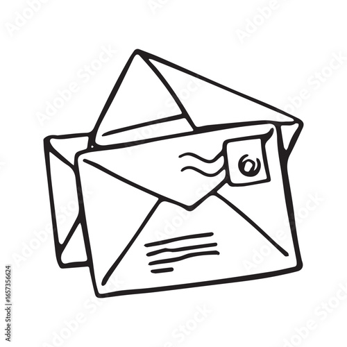 Stack of letters line art illustration. Mail envelopes with stamp and postmark sketch. Hand drawn correspondence or postcard vector icon.
