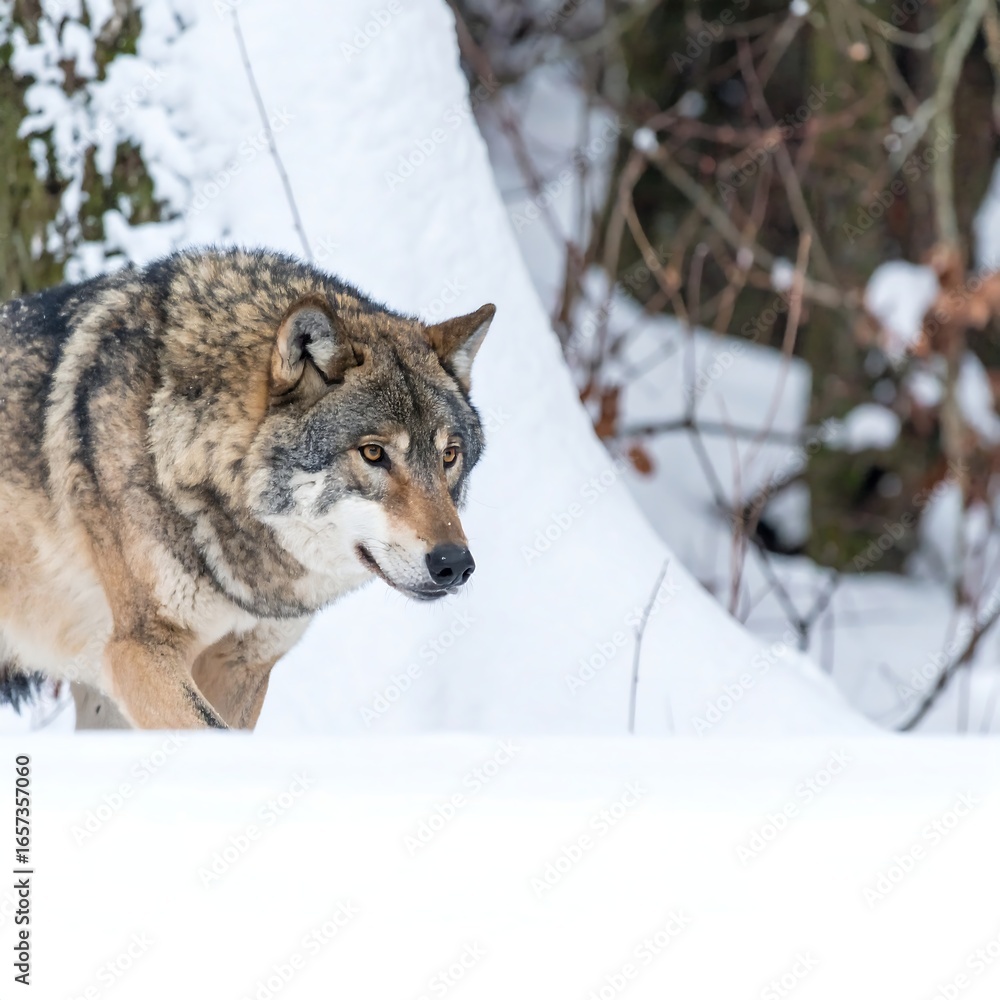 Naklejka premium A gray wolf walks through a snowy woodland, its gaze directed to the viewer's left