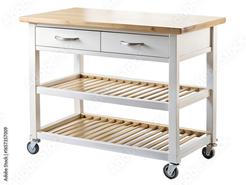 White kitchen island cart with wooden top, drawers, and shelves on wheels, isolated on transparent background, ideal for extra storage