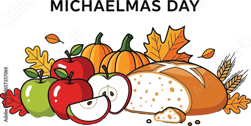A michaelmas day harvest with apples, pumpkins, and bread, a traditional christian celebration of the autumn season