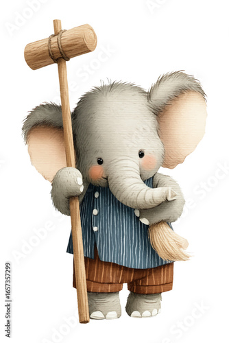 Cute Cartoon Elephant in Traditional Clothes Holding Wooden Mallet – Watercolor Style Illustration, isolated with transparent background