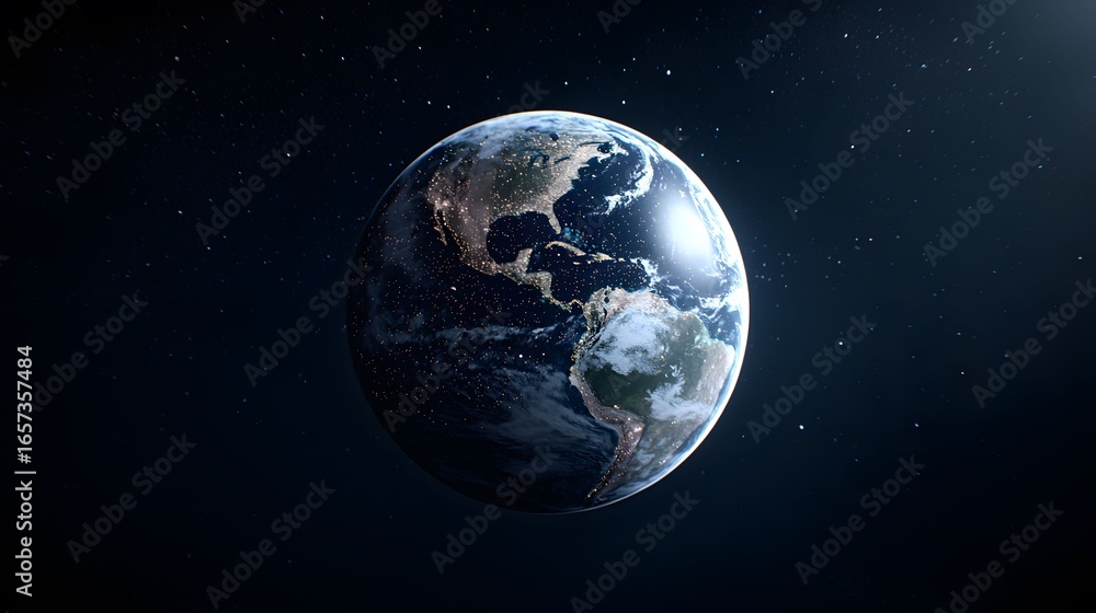 Obraz premium The image shows Earth from space, exhibiting a detailed view of continents, oceans, and city lights against a backdrop of twinkling stars.
