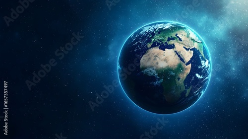 The image showcases planet Earth in a space scene filled with sparkling stars against a blue gradient backdrop, highlighted by a glowing atmosphere.