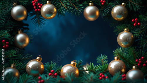 Elegant Christmas frame with golden ornaments and pine branches surrounding a dark blue background, ideal for festive greetings and holiday decorations.