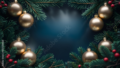 Elegant Christmas frame with golden ornaments and pine branches surrounding a dark blue background, ideal for festive greetings and holiday decorations.