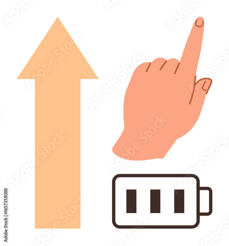 Hand gesture pointing up, large upward arrow, and battery charging indicator. Ideal for progress, motivation, energy, goals, workflow positive momentum productivity. Clean simple flat metaphor