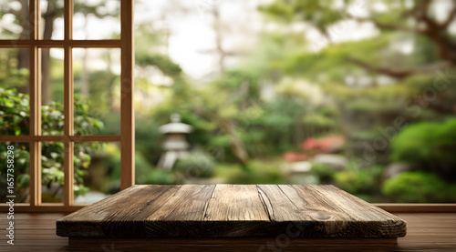 empty wooden table top with soft blurred japanese window and green garden view offering natural daylight background perfect for product presentation or interior design template in minimal