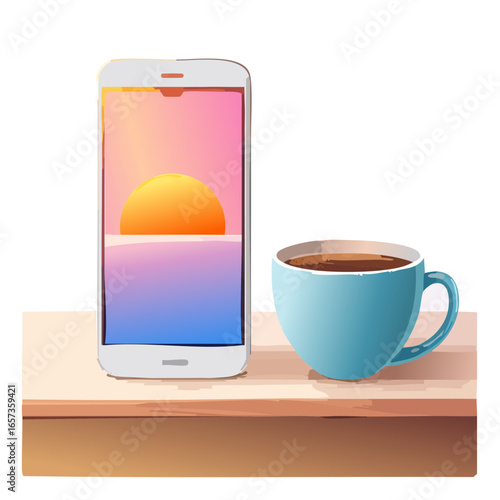 Hand using smartphone with coffee cup in the table
2