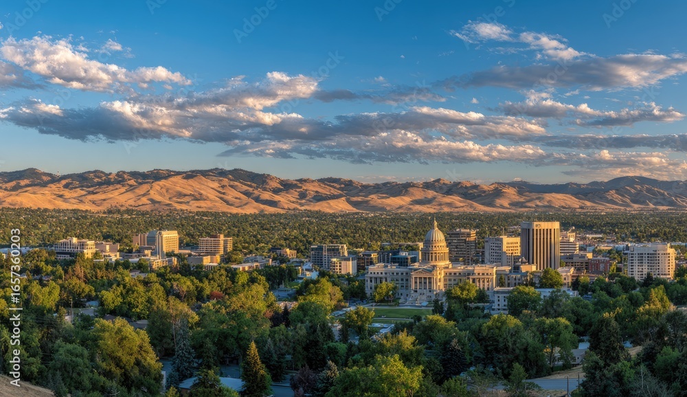 Fototapeta premium Panoramic cityscape at sunset
