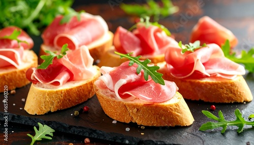 Delicious Prosciutto Crostini Appetizers with Fresh Arugula for Gourmet Tasting
