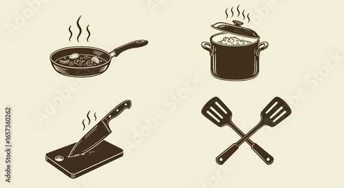 A vector illustration set showing cooking utensils such as a frying pan, pot, knife, cutting board, and spatula, perfect for culinary-themed designs.