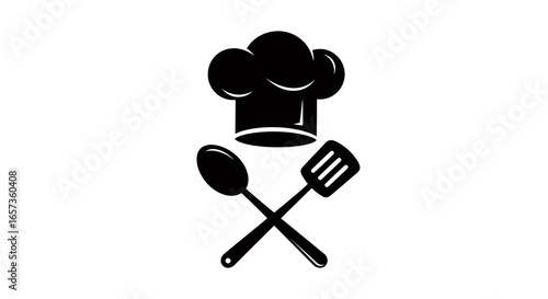 A sleek vector graphic presents a chef's hat atop crossed spoon and spatula, symbolizing culinary expertise and professional cooking in a minimalist design.