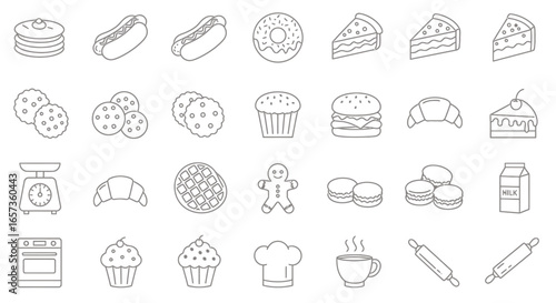 High-quality vector PNG icons of various food items, including pastries, chef hat, and kitchen tools, perfect for culinary websites and apps. 